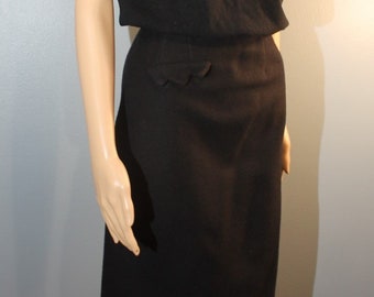 Vintage 1950s Handmade Black Wool High Waisted Pencil Skirt XS Petite