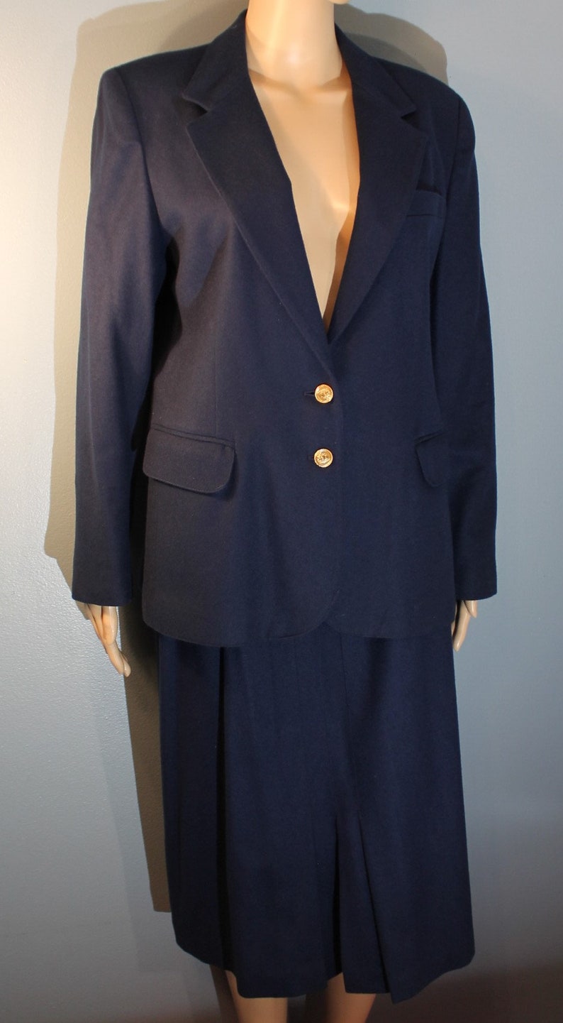 Vintage 1960s ILGWU Pantter Women's Two-Piece Suit Navy Blue Wool Blazer Jacket and High Waisted Pencil Skirt with Belt Made in the USA image 6