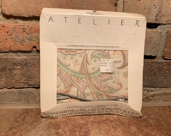 Vintage 1990s Atelier Martex 200 Thread Count Purple and White Paisley Pillowcase Set New in Package