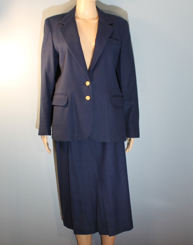 Vintage 1960s ILGWU Pantter Women's Two-Piece Suit Navy Blue Wool Blazer Jacket and High Waisted Pencil Skirt with Belt Made in the USA image 1