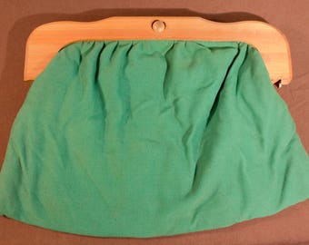 Vintage 1960s Handmade Wooden Handle Clutch Pouch Purse with Green Fabric Made in the USA