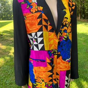 Vintage 1980s Gantos Artsy Black Floral Silk Blazer Womens Medium