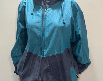 Vintage 1980s Coleman Teal Green and Gray Camping Raincoat Adult XL