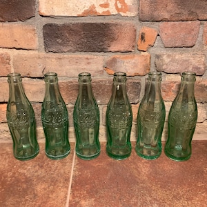 Vintage 1950s-1960s Set of 6 Coca-Cola Collectible Green Glass Hobbleskirt Bottles 6 1/2 oz. Free Shipping