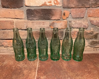 Vintage 1950s-1960s Set of 6 Coca-Cola Collectible Green Glass Hobbleskirt Bottles 6 1/2 oz. Free Shipping