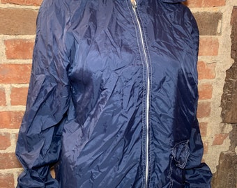 Vintage 1960s-1970s Sears Navy Blue Zip Up Windbreaker Track Jacket with Optional Hood Unisex Small