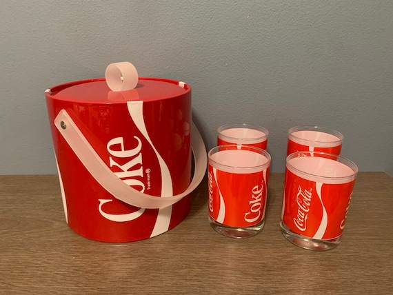 Vintage 1980s Coca-cola 6pc. Ice Bucket on the Rocks Set With 4