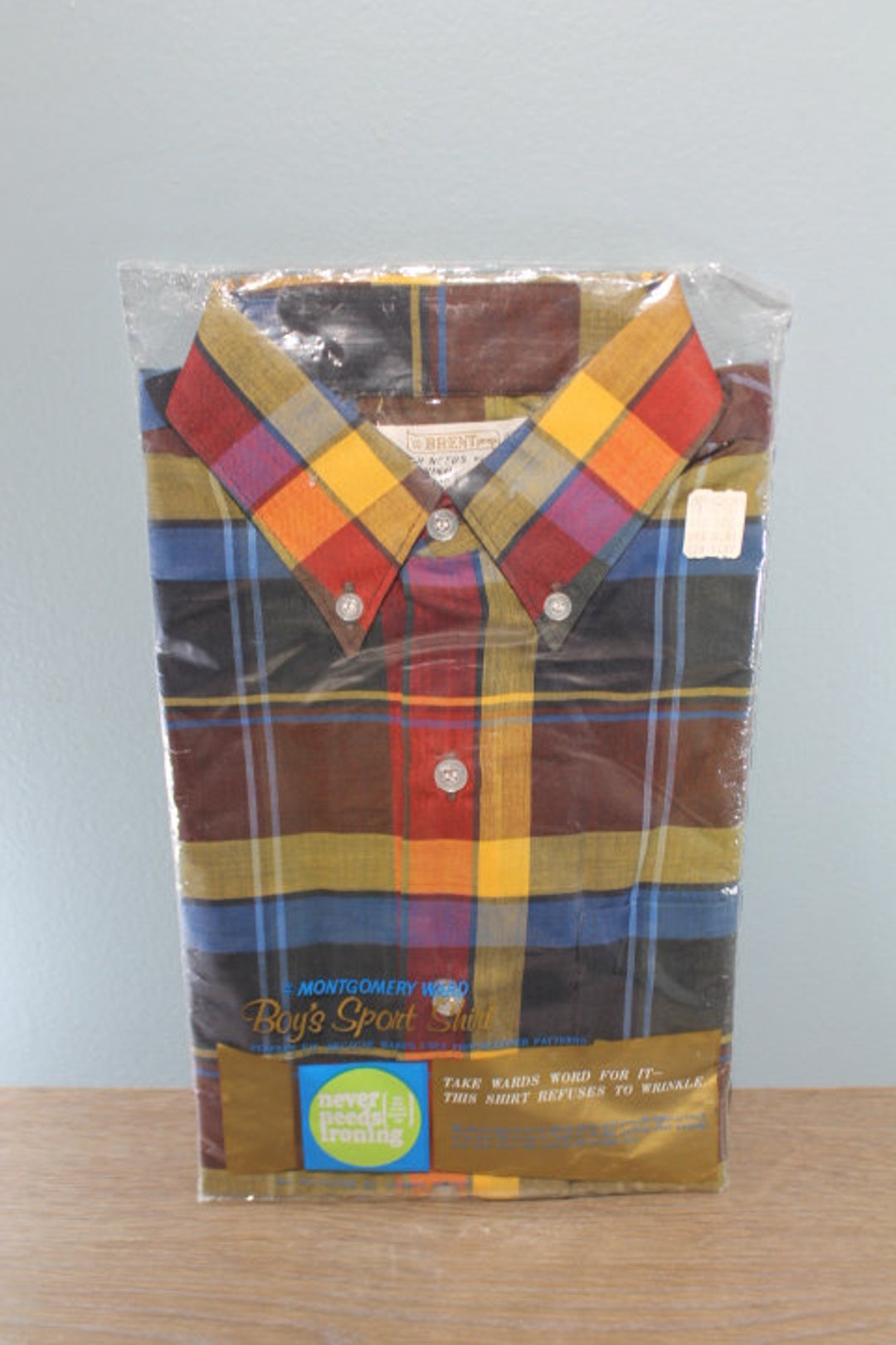 Vintage 1950s Brent Prep Montgomery Ward Red Plaid Long Sleeve Oxford Shirt  New in Package Made in the USA Boys Size 14 