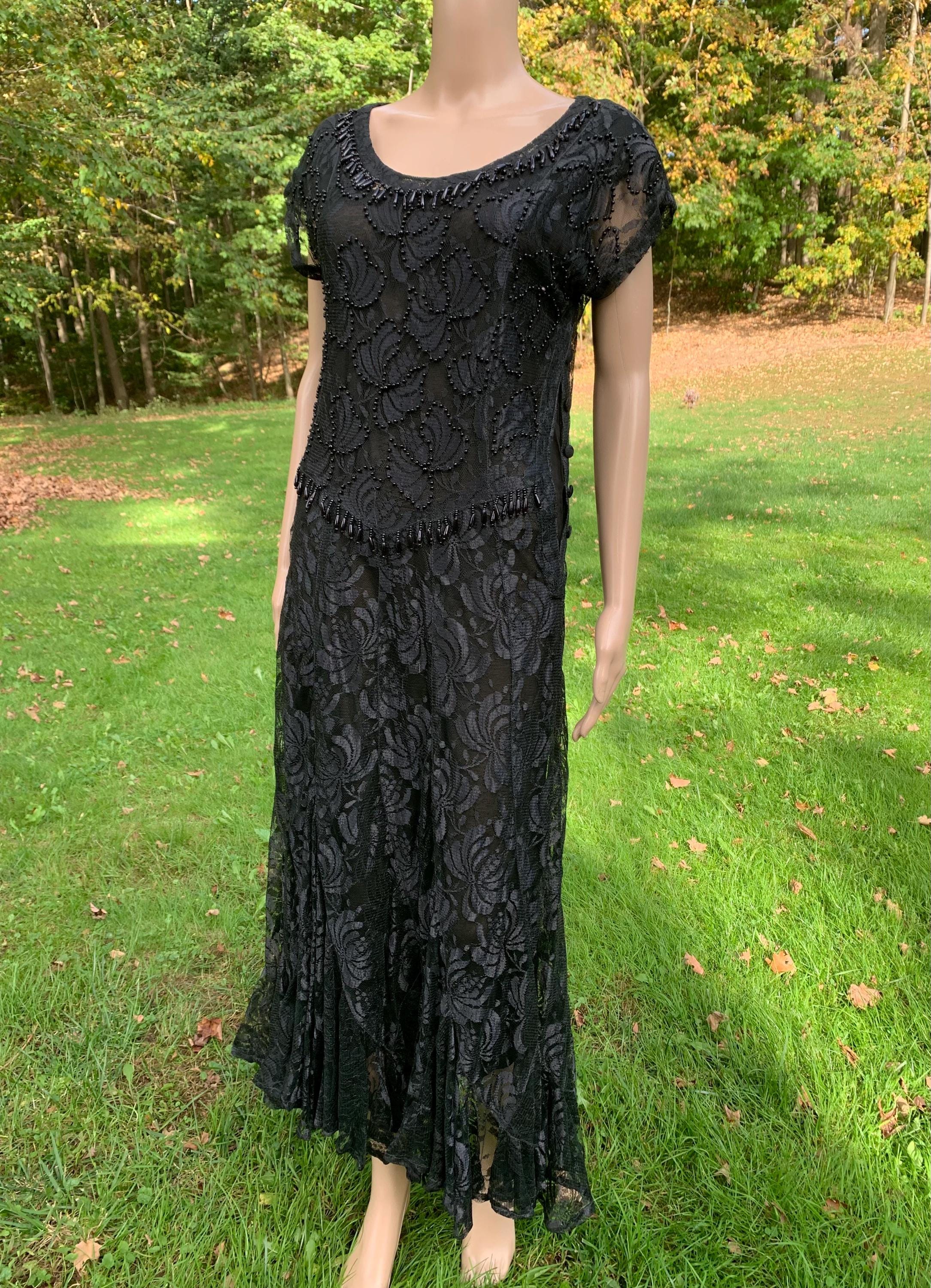 Vintage 1970s Jasmine by K.V.M. Short Sleeve Black Beaded Lace Dress Women's Medium
