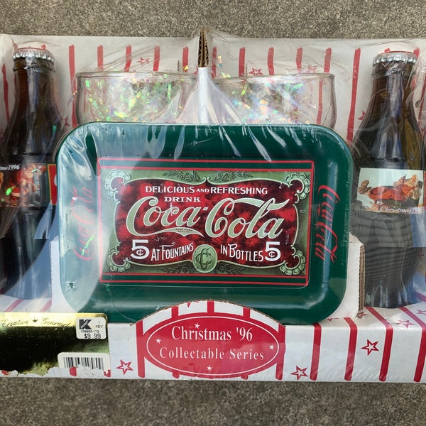 Vintage Coca-Cola 1996 Kerstmis Collectible Series Cola Flessen, Bekers, en Tray Nieuw in pakket