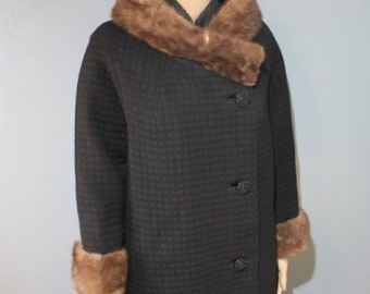 Vintage 1960s International Ladies Garment Workers Union Black Wool Quilted Peacoat with Brown Mink Fur Trim Women's Small Made in the USA