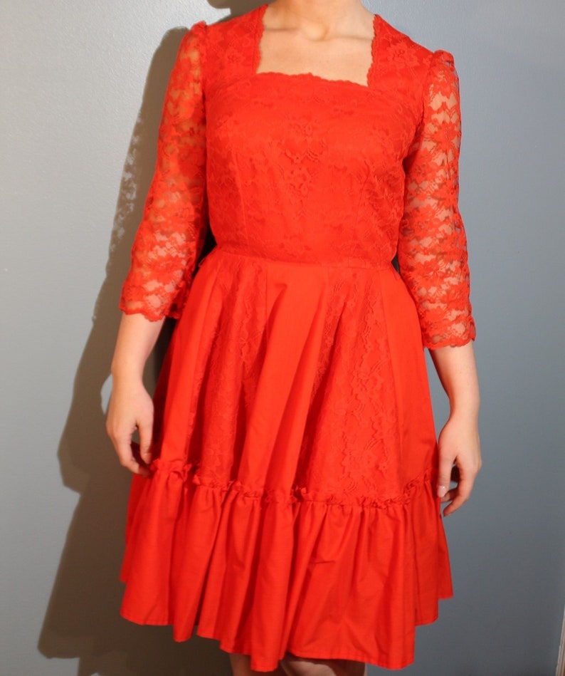 Vintage 1960/'s Handmade Red Square Neck Dress with Floral Lace Three-Quarter Sleeves