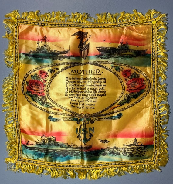 Vintage 1950s-1960s U.S. Navy Mother Script Ships and Roses Silk