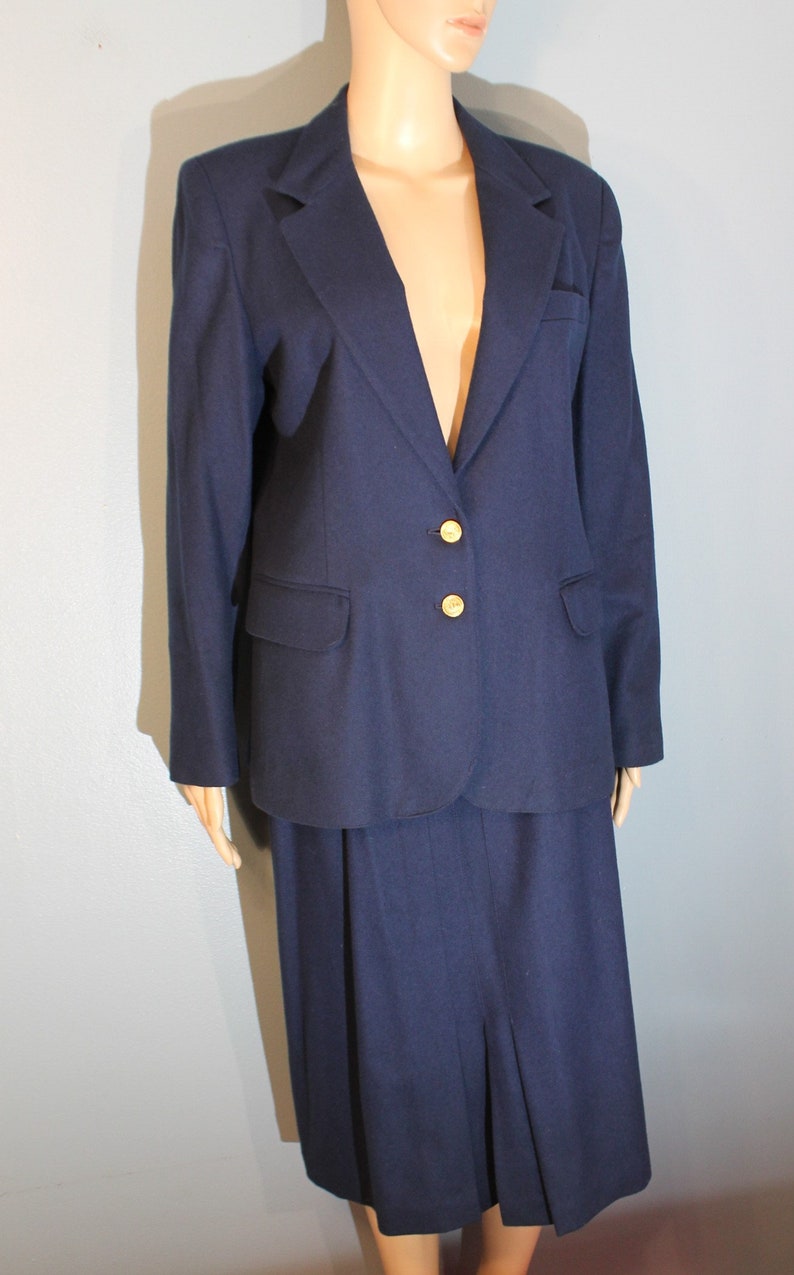 Vintage 1960s ILGWU Pantter Women's Two-Piece Suit Navy Blue Wool Blazer Jacket and High Waisted Pencil Skirt with Belt Made in the USA image 3
