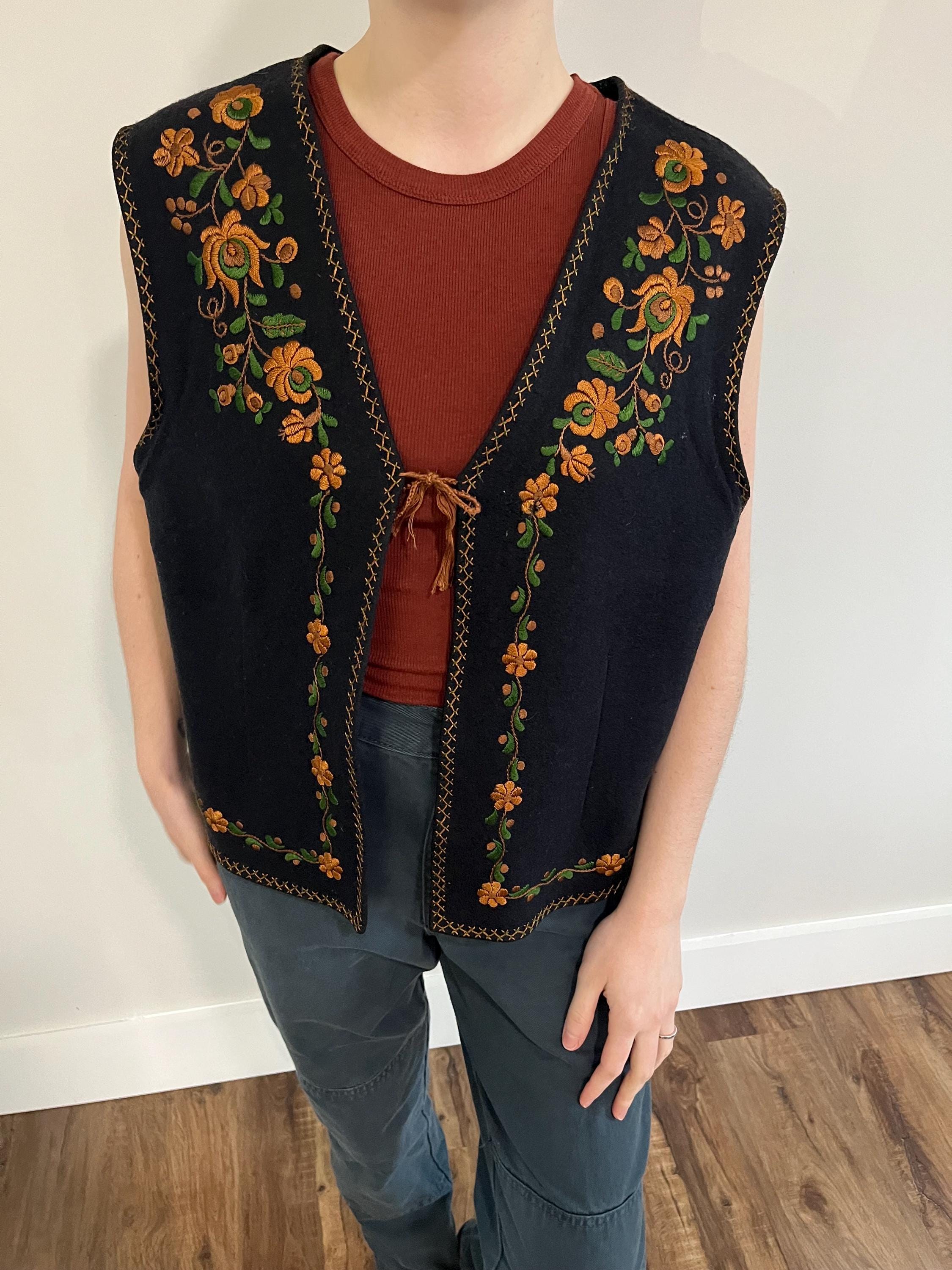Vintage Mid Century Celtic Floral Embroidered Black Wool Vest by