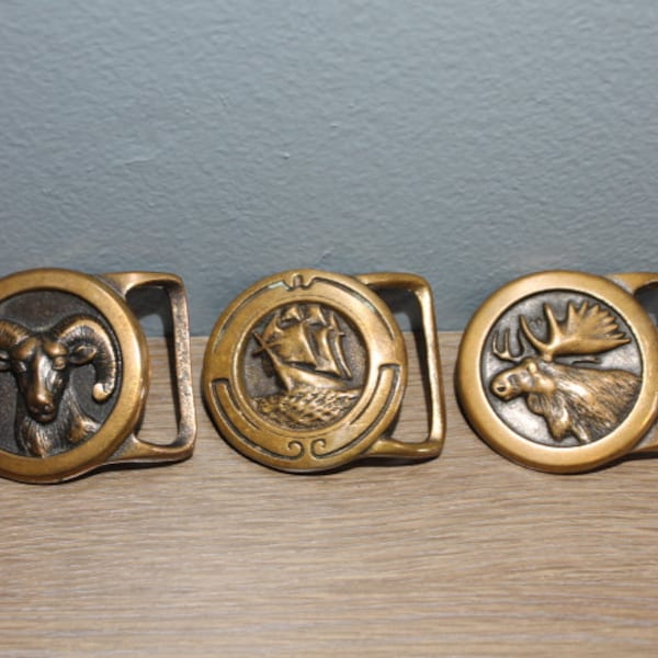 Vintage Tech Ether Guild, Inc. Solid Brass Belt Buckles 1978 Ram "Big Horn", 1994 Ship "Glory of the Seas", 1978 "Moose" Sold Individually