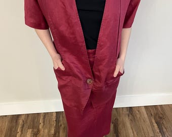 Vintage 1970s-1980s Catherinette Red Burgundy Two Piece Outfit Blouse and Skirt