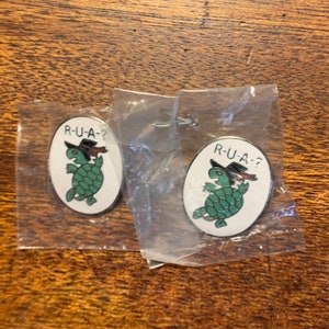 Vintage 1980s R-U-A Turtle? Lannove Emblem White and Green Metal Pin Badge Buttons Each Sold Separately
