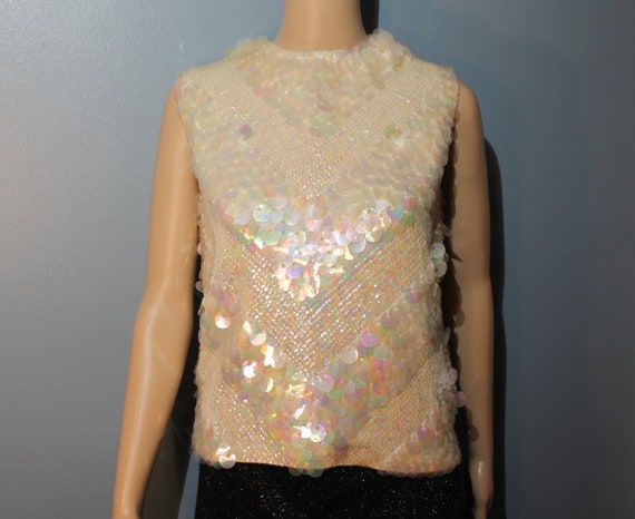 Vintage 1960's White Wool Sequin Beaded Sleeveles… - image 7