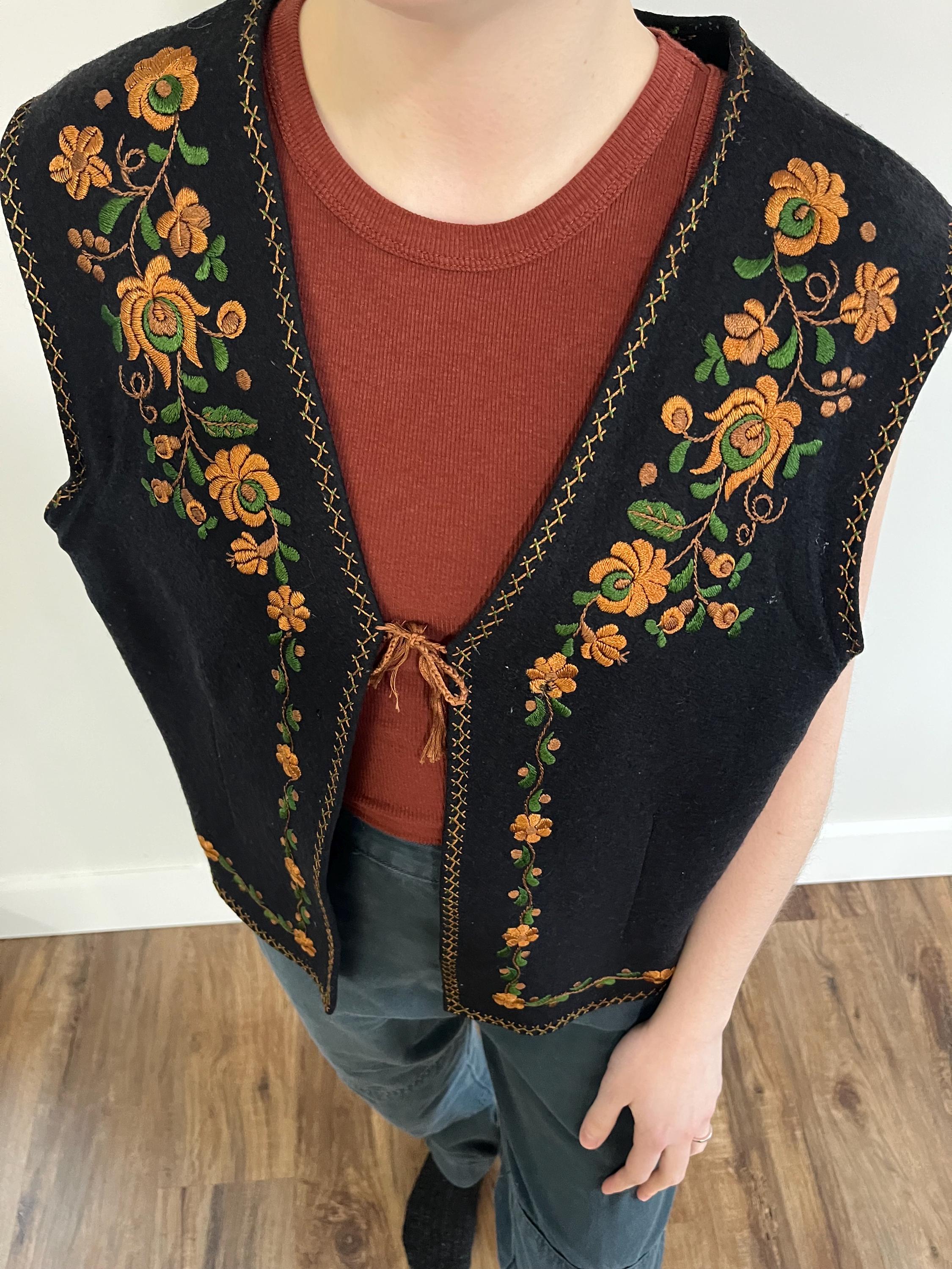 Vintage Mid Century Celtic Floral Embroidered Black Wool Vest by