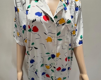 Vintage Alfred Dunner vit illustrerad blommig blus från 1990-talet, dam, XL