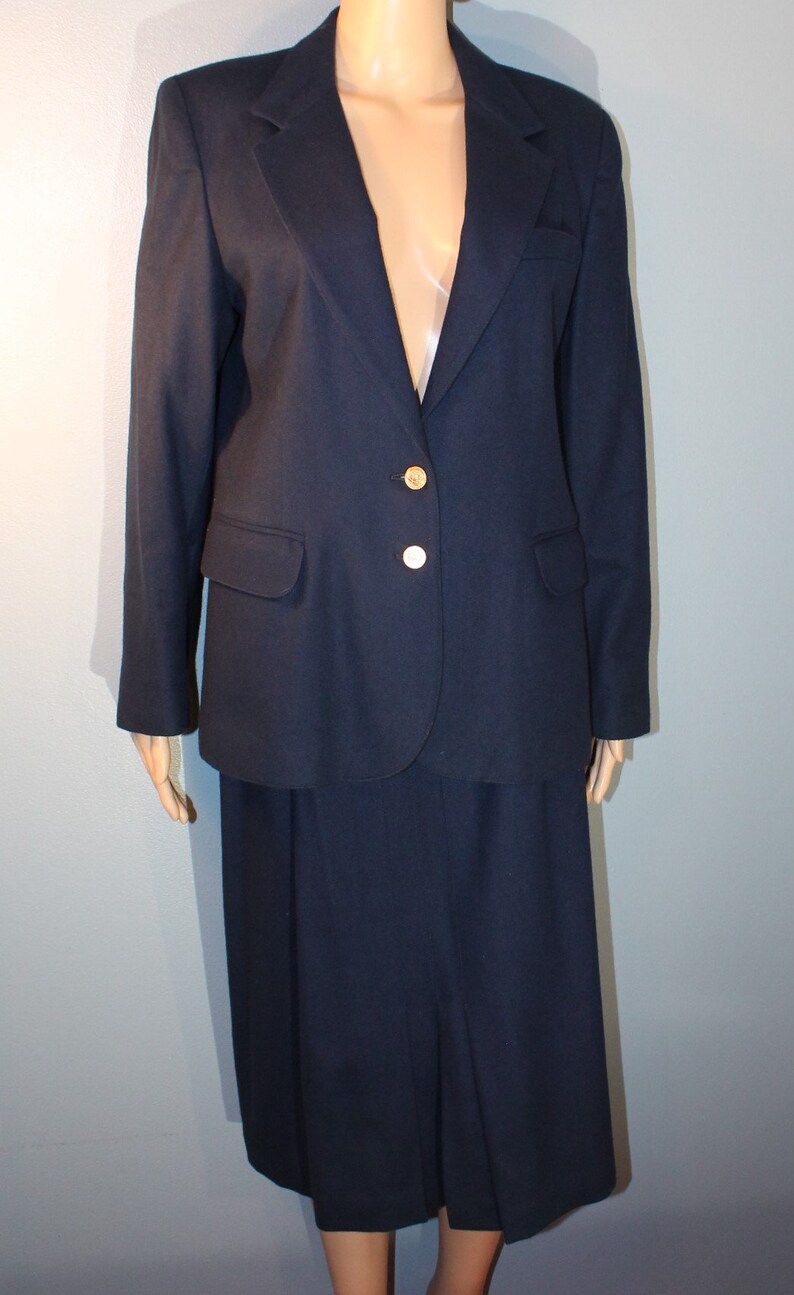 Vintage 1960s ILGWU Pantter Women's Two-Piece Suit Navy Blue Wool Blazer Jacket and High Waisted Pencil Skirt with Belt Made in the USA image 8