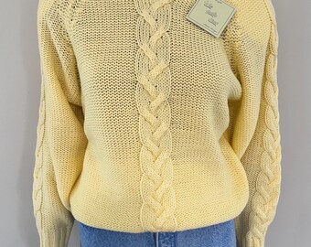 Sweter Vintage Carriage Court w kolorze żółtym, z dzianiny kablowej, jak nowy, z metkami, w oryginalnym opakowaniu Sears, rozmiar S, damski