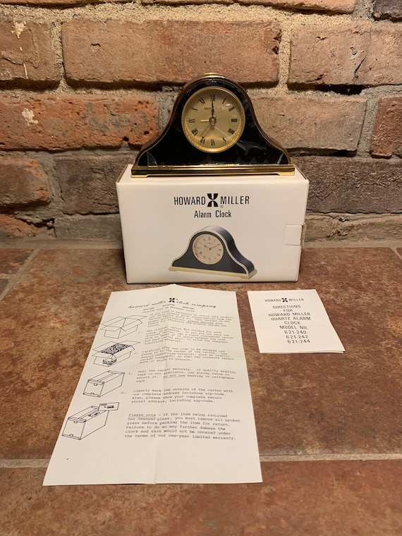 Vintage Howard Miller Black and Gold Mantle Tabletop Analog Alarm