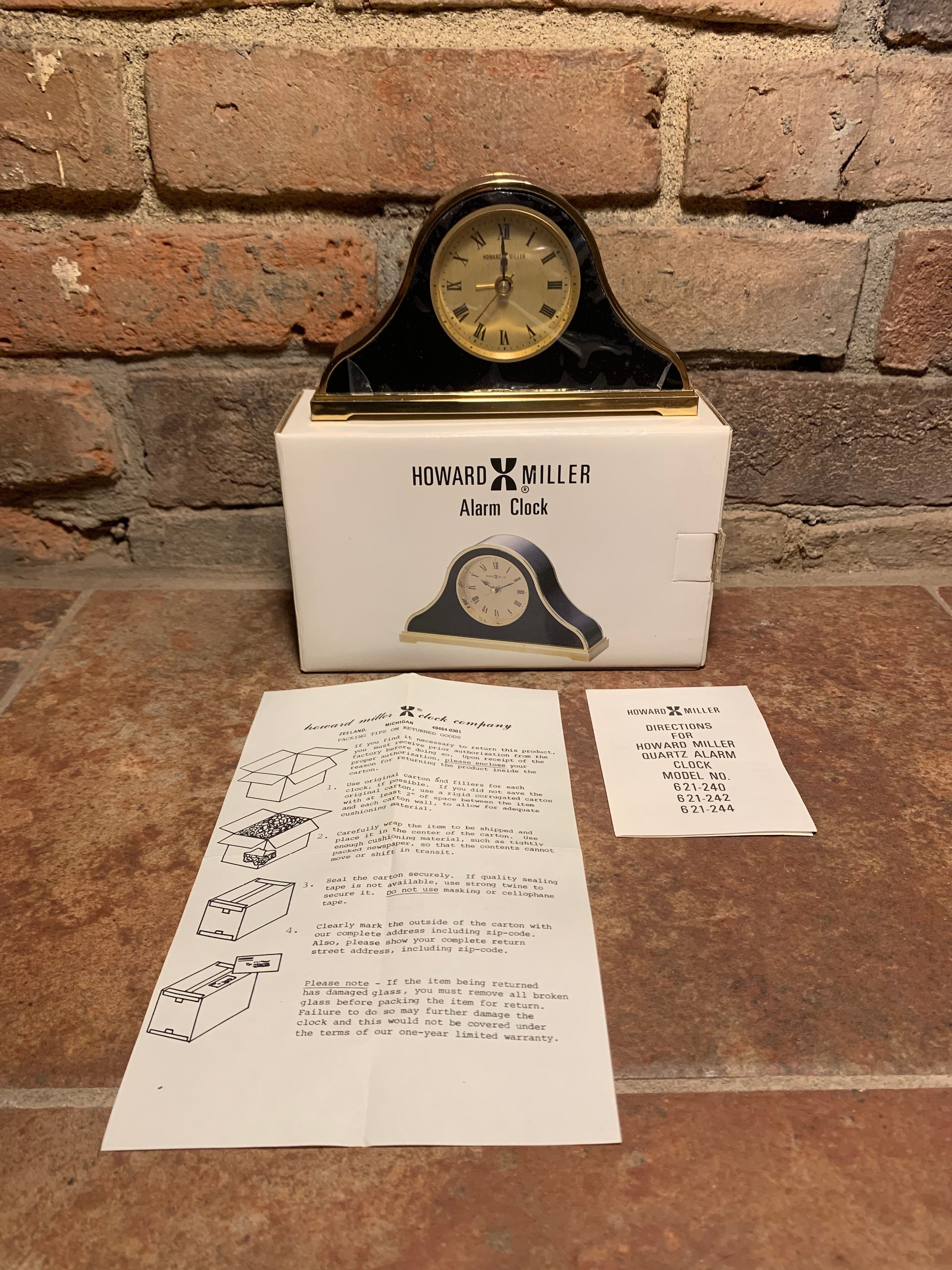 Vintage Howard Miller Black and Gold Mantle Tabletop Analog Alarm