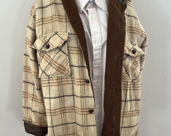 Vintage Mid-Century Beige and Brown Plaid Fleece Lined Wool Jacket by Rugby Sportswear