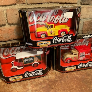 Vintage 1998 Set of Three Coca-Cola Matchbox Collectibles Die-Cast Metal Toy Cars New in Box