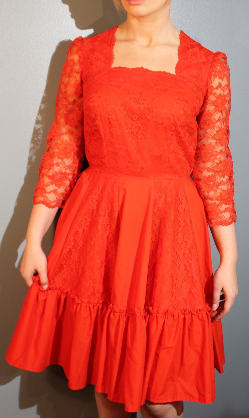 Vintage 1960/'s Handmade Red Square Neck Dress with Floral Lace Three-Quarter Sleeves