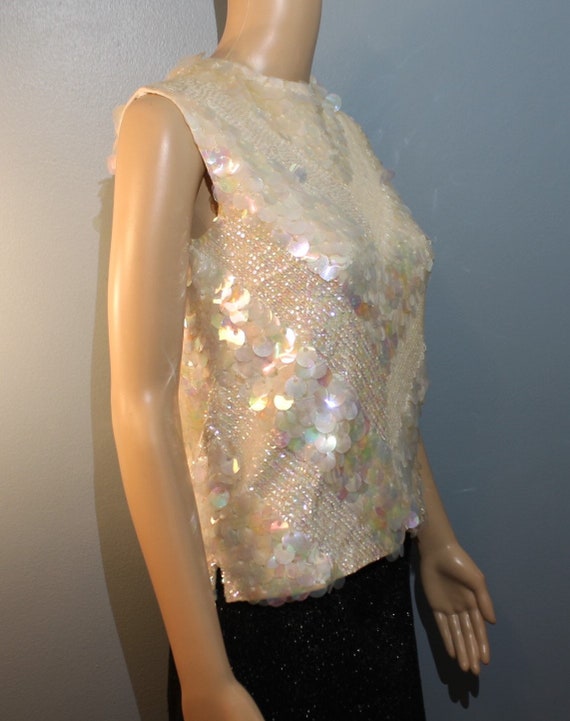 Vintage 1960's White Wool Sequin Beaded Sleeveles… - image 5