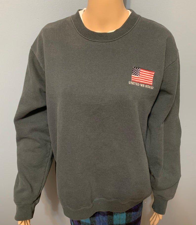 Vintage 1980-1990-talets United We Stand broderad amerikansk flagga blekt svart pullover rund halströja bild 7