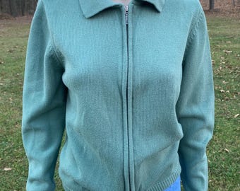 Vintage 1980s Tian Collection Mint Green Cotton Zip-Up Knit Sweater Women’s XS