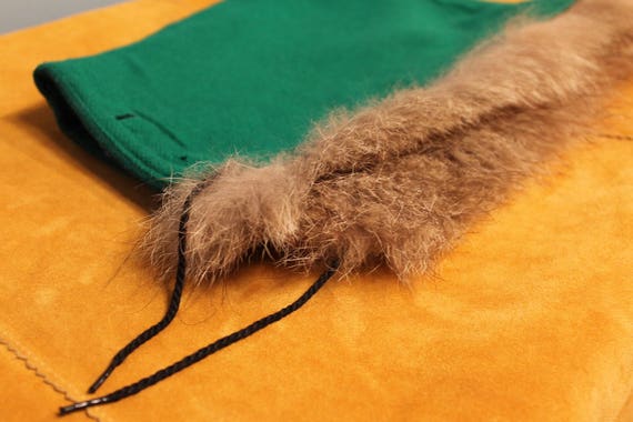 Vintage 1960s Green Wool Fur Lined Winter Hood - image 7
