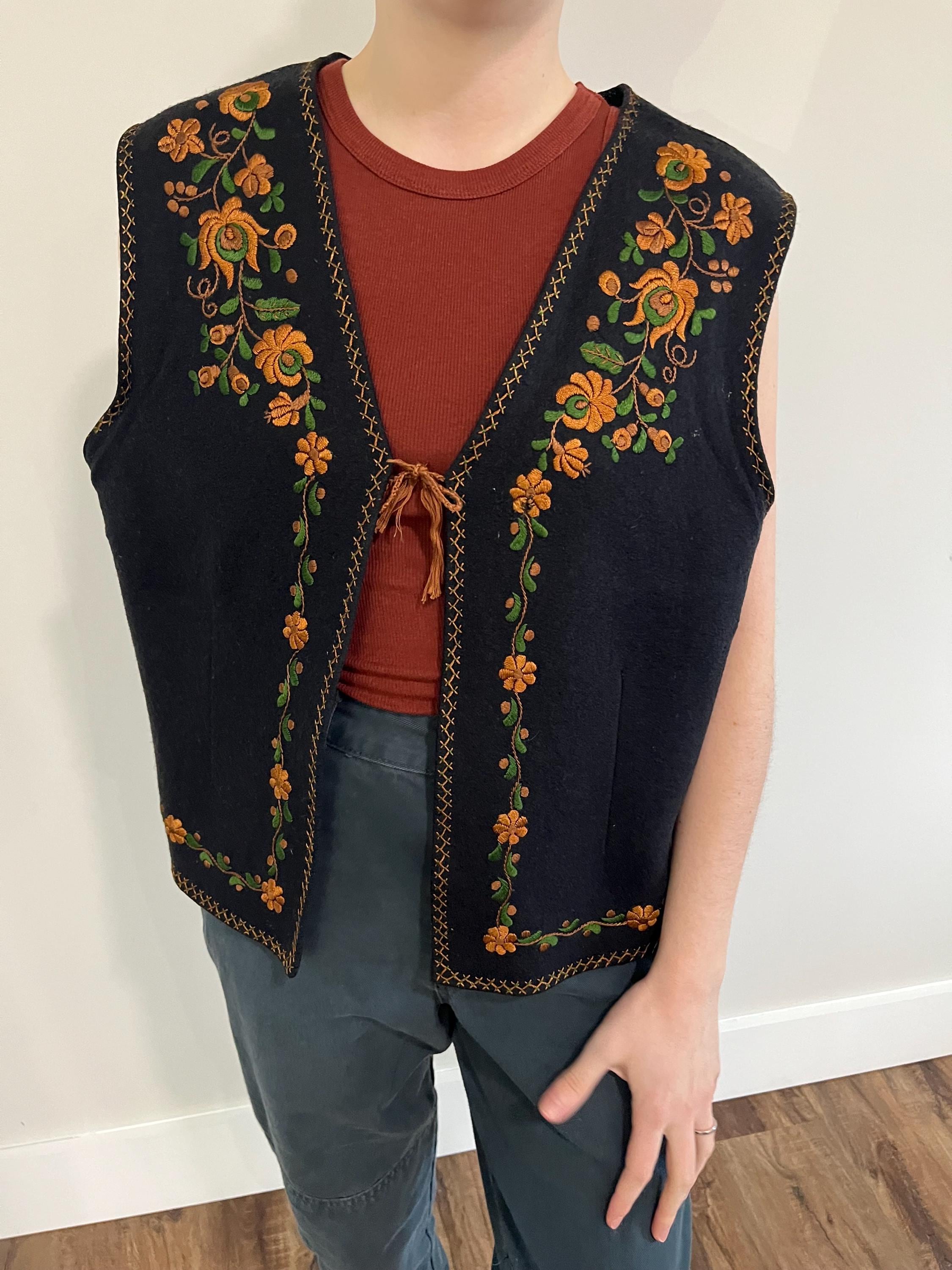 Vintage Mid Century Celtic Floral Embroidered Black Wool Vest by
