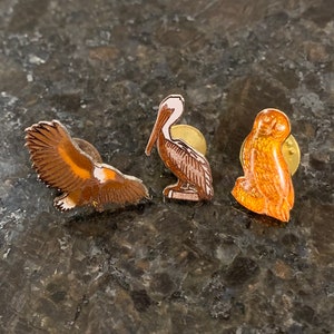 May include: Three enamel pins featuring a brown pelican, a brown and orange eagle, and a brown owl. The pins are on a dark gray background.