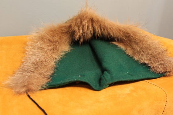 Vintage 1960s Green Wool Fur Lined Winter Hood - image 8