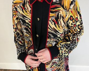Bluzka damska z jedwabiu w panterkę w stylu vintage z lat 80. Bob Mackie Wearable Art szyta ręcznie na miarę w panterkę