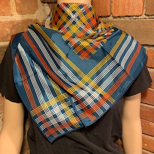 Vintage 1960s-1970s Blue Orange Yellow White Acetate Women&#39;s Scarf Made in Japan