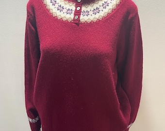 Vintage 1990-tals L.L. Bean rödbrun och vit ullstickad vintertröja damstorlek L