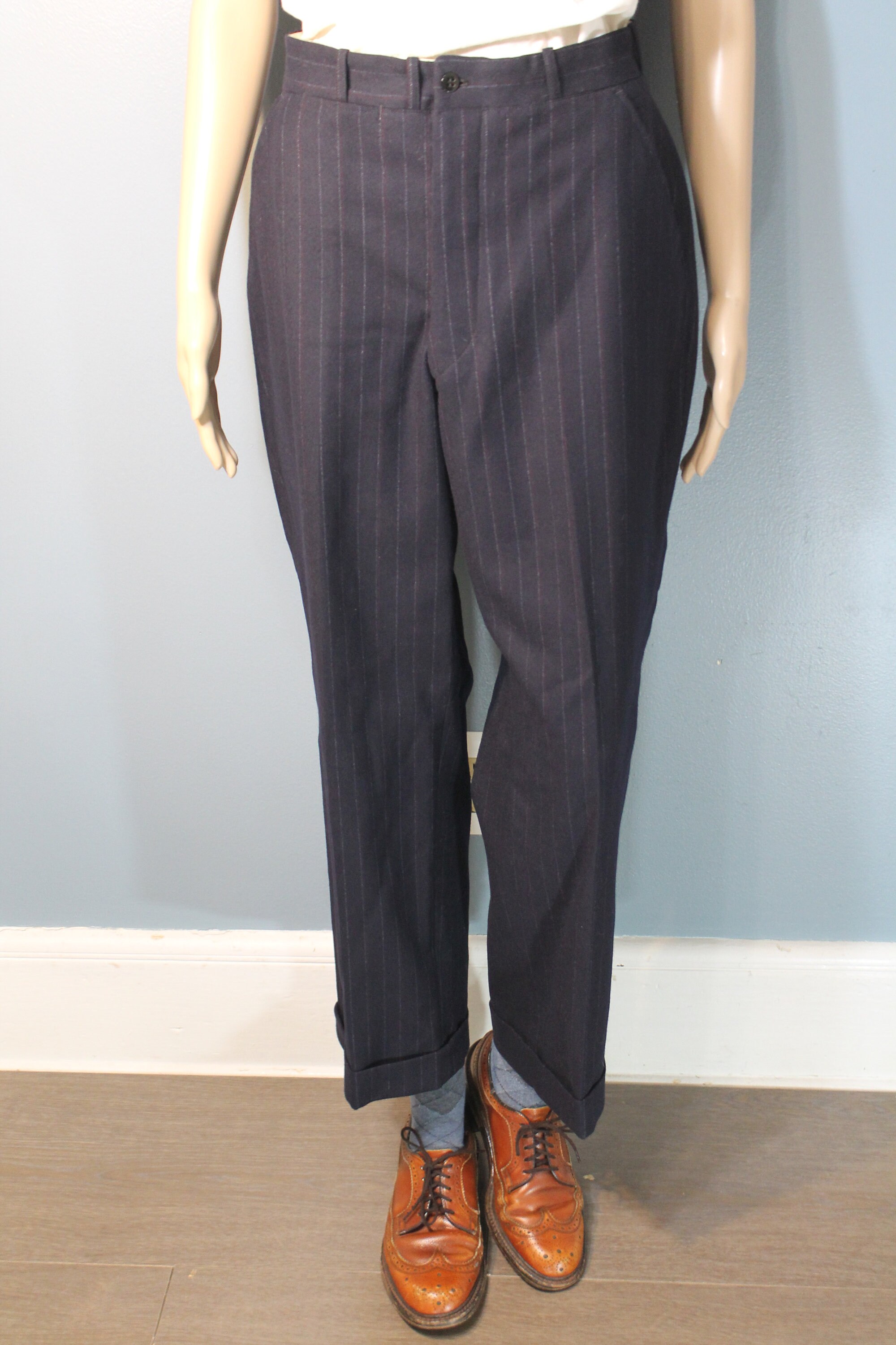Vintage 1930s-1940s the A. Nash Company Cincinnati Ohio Hand Tailored Navy  Blue Pinstripe Pleated Suit Pants Trousers 