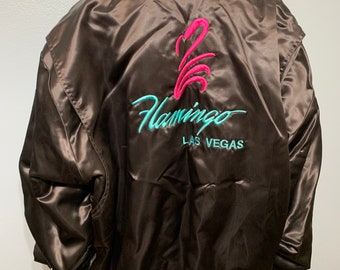 Vintage 1980s Flamingo by Hilton Resort and Casino Las Vegas Black Satin Varsity Jacket Adult XL