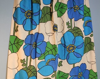 Vintage 1960s-1970s Art Deco Green and Blue Floral Canvas Blackout Curtain Panel Set 63&quot; x 41&quot;