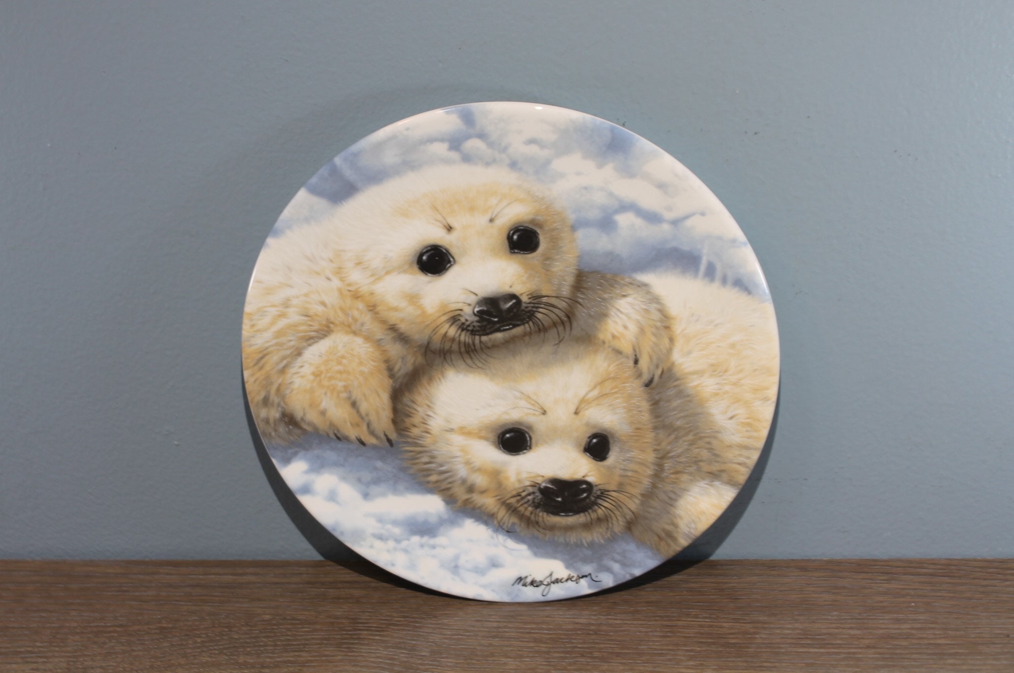 Vintage 1990 Baby Seals by Mike Jackson Royal Grafton Porcelain Decorative Nature Plate First Issue Beauty of Polar Wildlife Series