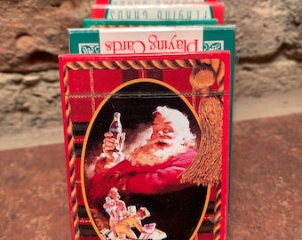 Vintage jaren 1990 geassorteerde Coca-Cola kerst-kerstman speelkaarten met plastic bekleding Nieuw in doos