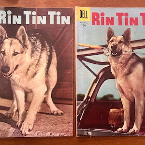 Puede incluir: Dos cómics vintage de Dell Rin Tin Tin. Una portada presenta a Rin Tin Tin de pie sobre una superficie de piedra. La otra portada muestra a Rin Tin Tin con un objeto en la boca, cerca de un coche.