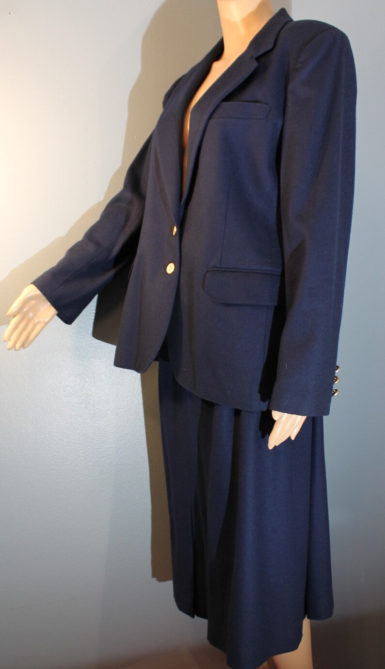 Vintage 1960s ILGWU Pantter Women's Two-Piece Suit Navy Blue Wool Blazer Jacket and High Waisted Pencil Skirt with Belt Made in the USA image 2