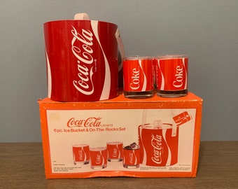 Vintage 1980er Jahre Coca-Cola 6stk. Eiskübel auf den Felsen Set mit 4 Gläsern